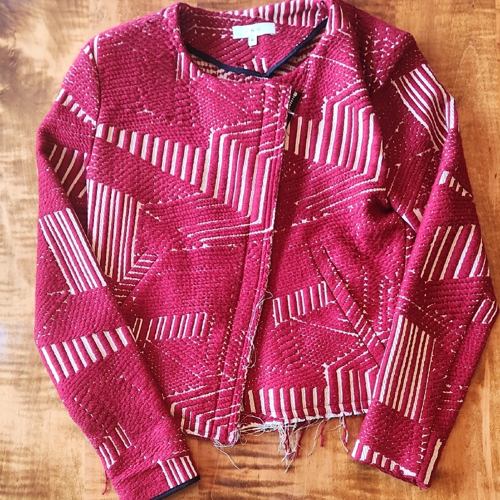 IRO Red and Cream Textured Blazer/Jacket With Offset Zipper
